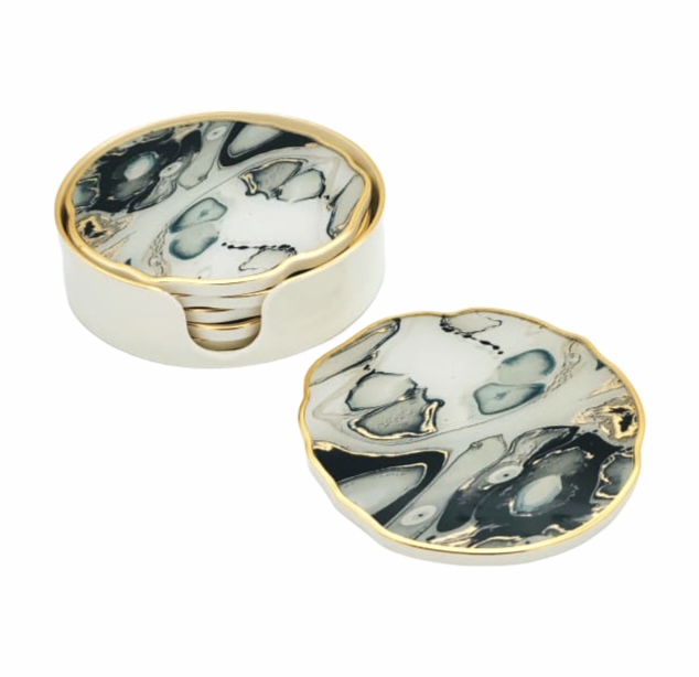 Stylische Marmorlook Weiß-Gold Glasuntersetzer mit Halter