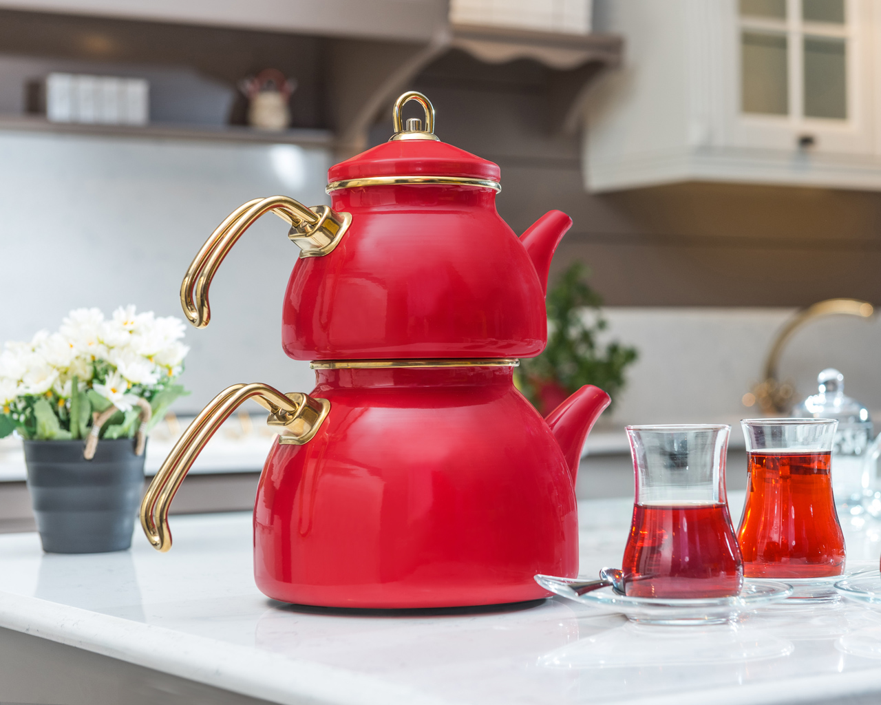 Grandeur GLORY Premium Emaille Teekanne ROT-Gold 1,1 und 2,3 Liter