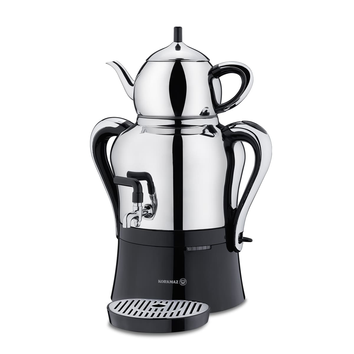 Korkmaz CAYKOLIK Samowar Teekocher A842 Silber-Schwarz Edelstahl