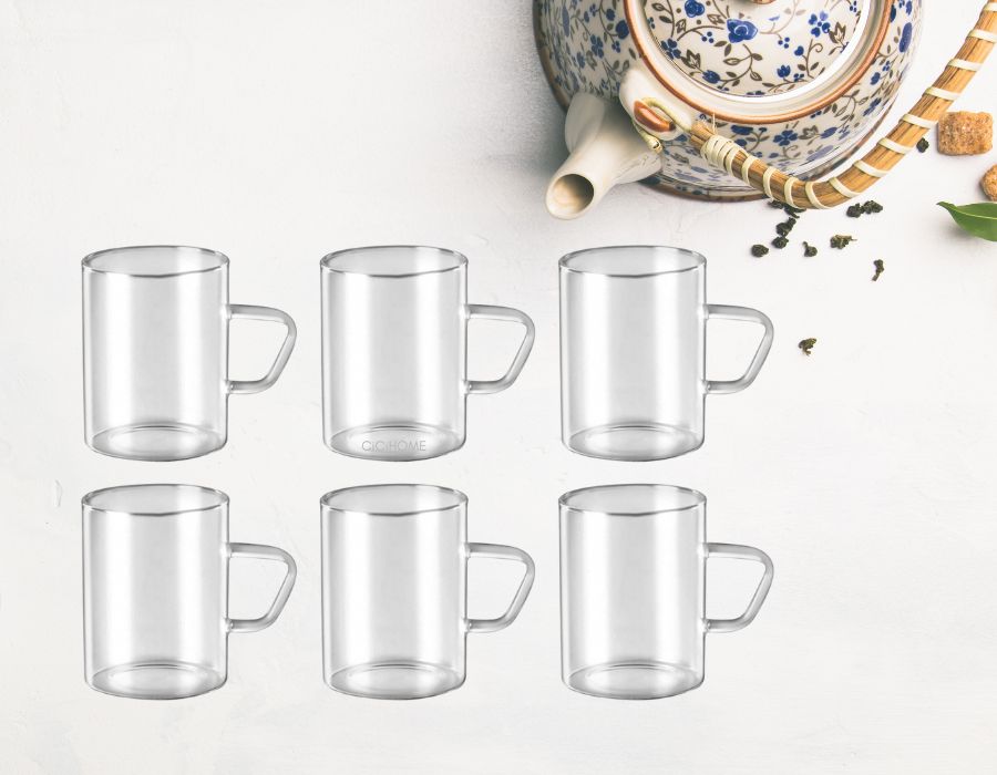 HARMONY Dünne Teegläser Kaffeegläser mit Henkel 220 ml 6er Set