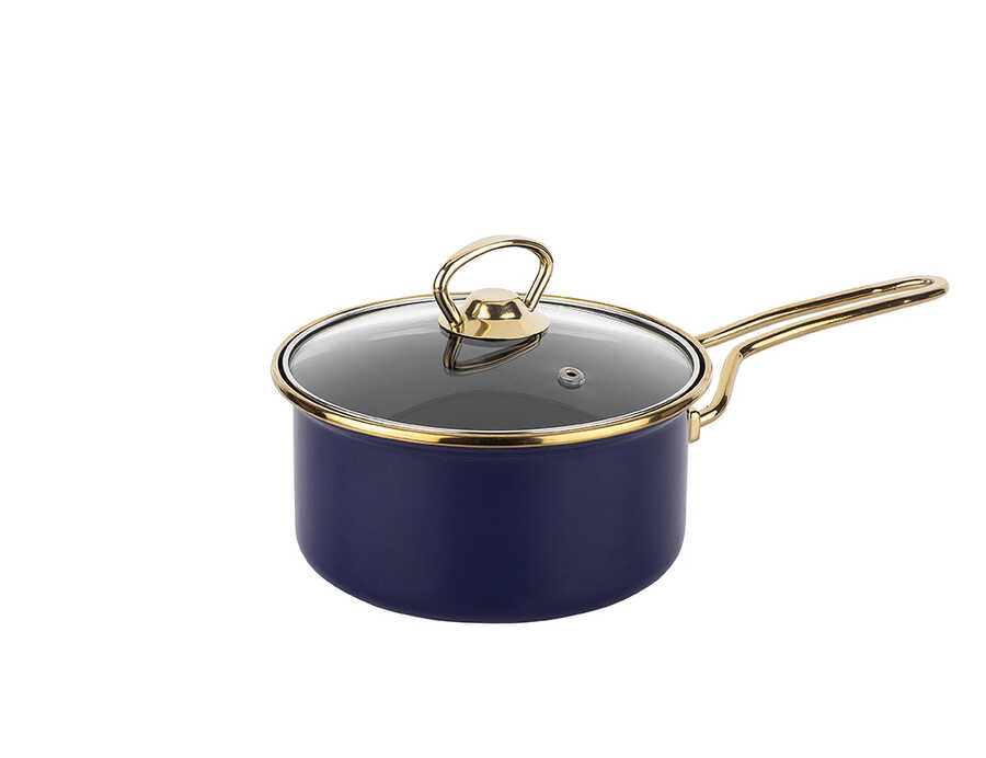 Emaille Saucenpfanne Blau-Gold 16 cm mit Glasdeckel Induktion TantiToni