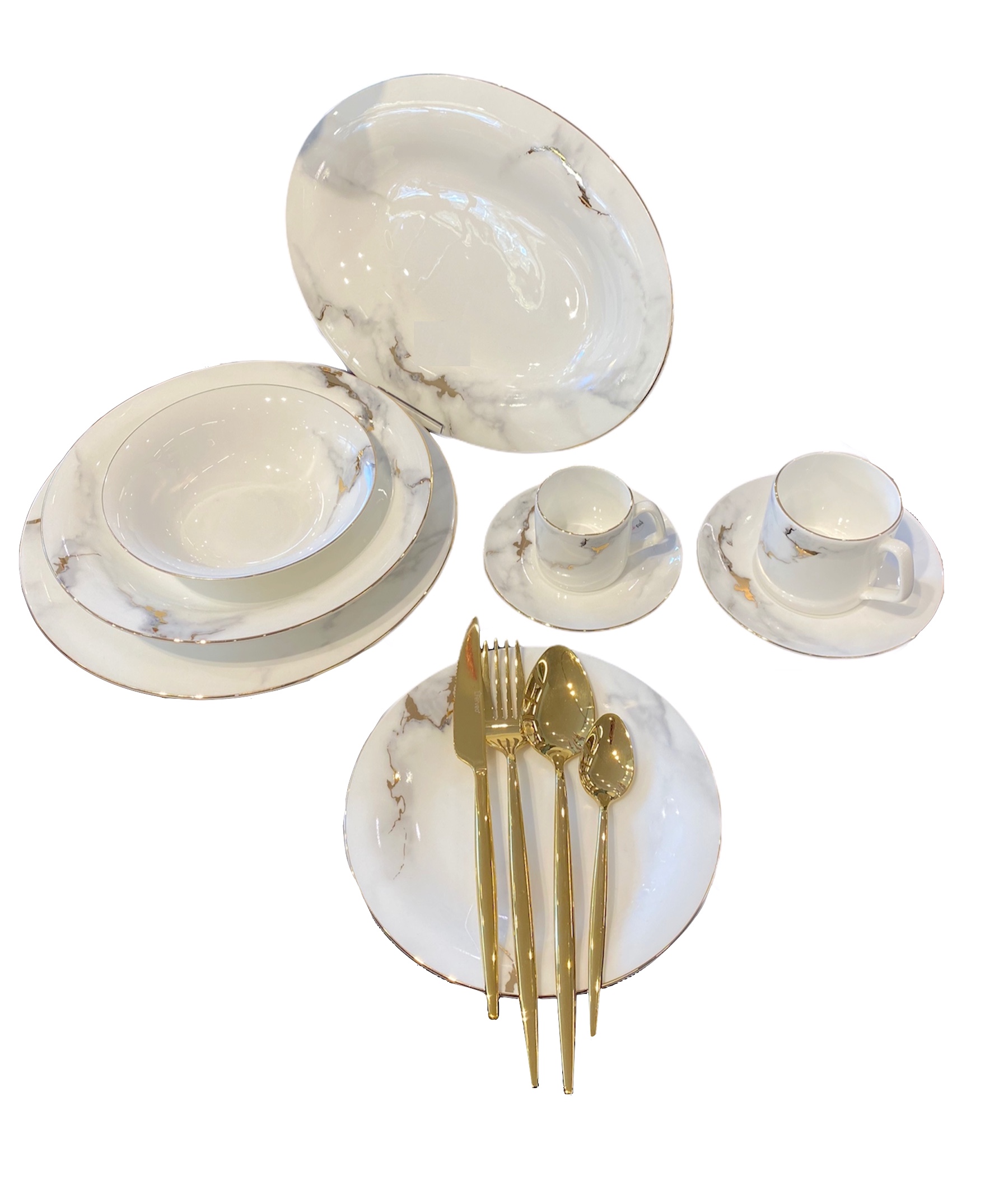 Premium Tafelservice DRANCY Marmor Weiß-Gold 98-teilig 12-Personen Set