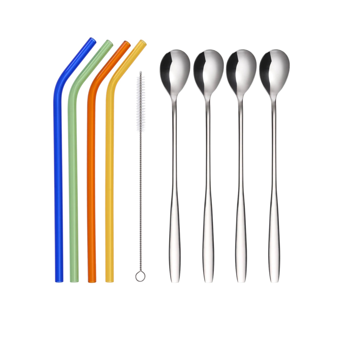 Hartglas Strohhalme - Longdrinklöffel - Bürste - 9-teilig