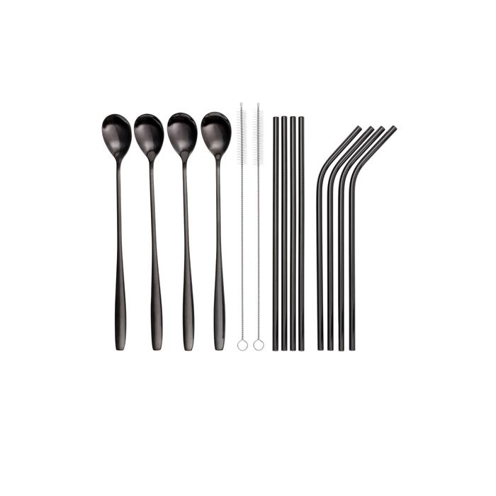 Trinkhalm-Set aus Edelstahl, 14-teilig, SCHWARZ