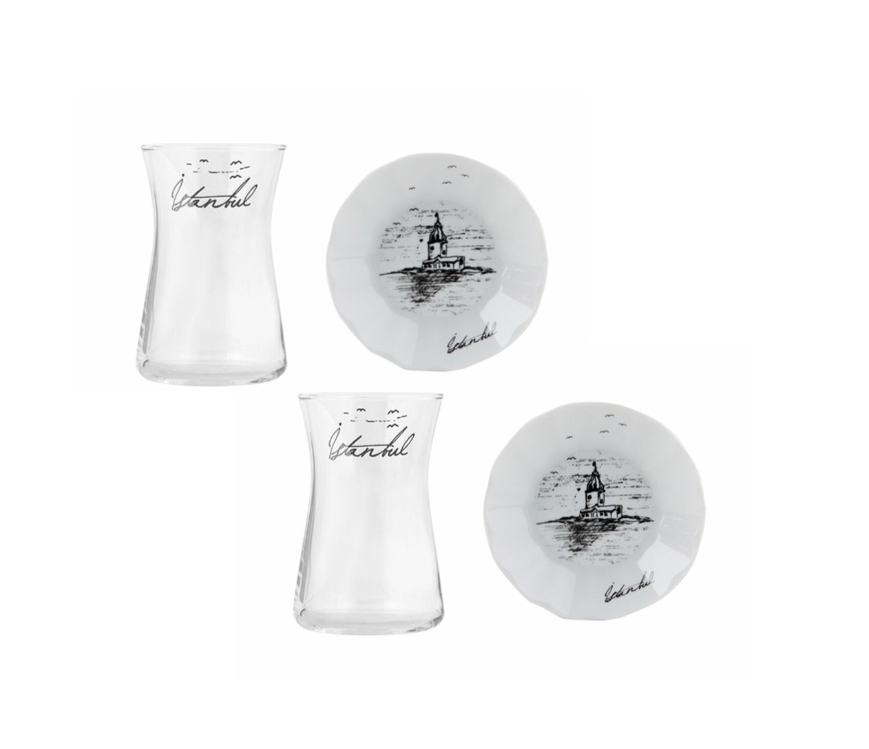 ISTANBUL Teeset Glas mit Porzellan Untersetzer 4-teilig