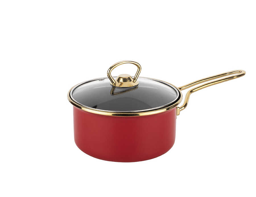 Emaille Saucenpfanne Rot-Gold 16 cm mit Glasdeckel Induktion TantiToni